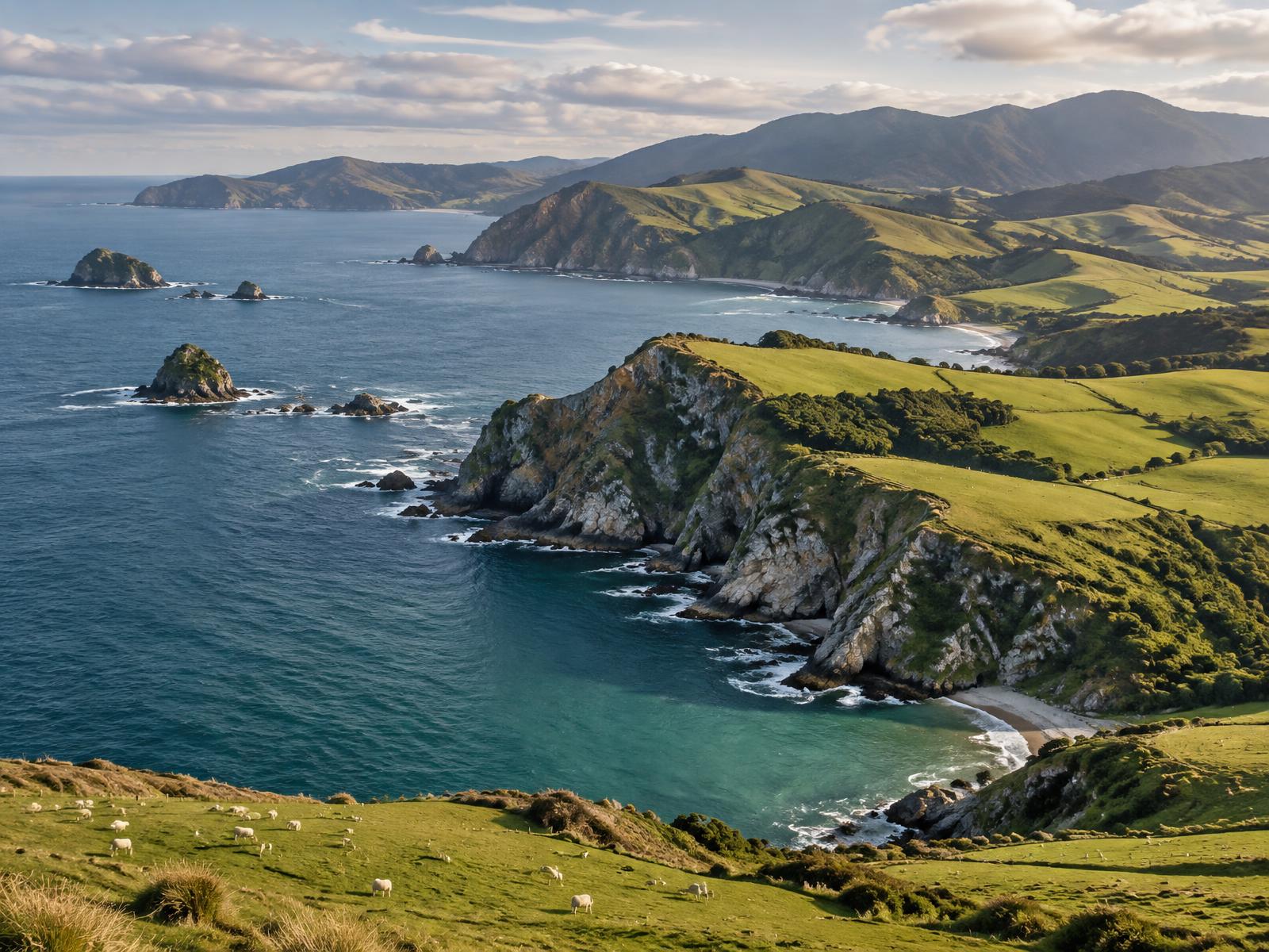 Rolling green farmland meeting a deep blue-green sea